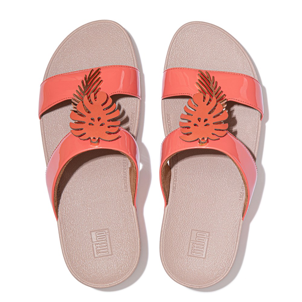 Fitflop Womens Slides Coral Pink - Lottie Jungle-leaf Patent - XY9352874